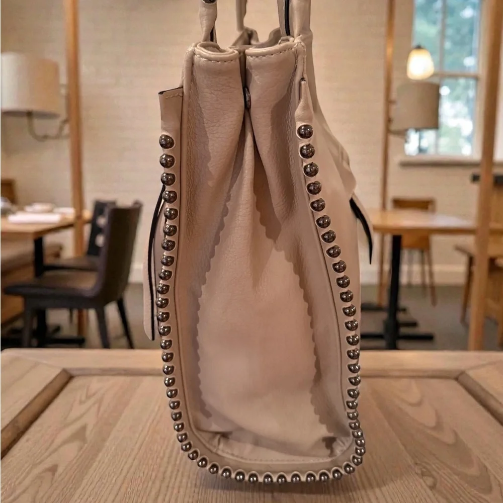 Max Studio Studded Tote Bag Beige Boho Vegan Leather Shoulder Bag Zip Pockets